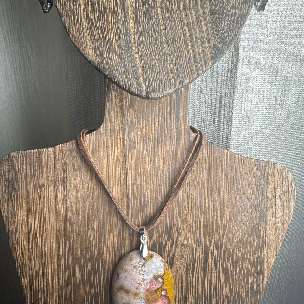 Ocean Jasper Oval Pendant Necklace on Brown Faux Suede - Picture 5 of 15